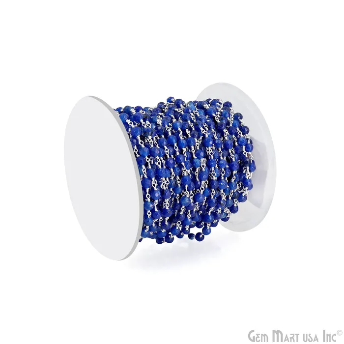 Blue Jade Faceted Beads 5mm Silver Plated Wire Wrapped Rosary Chain GemMartUSA Rings
