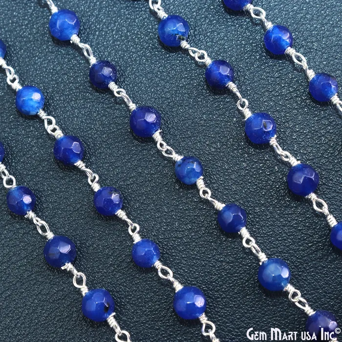 Blue Jade Faceted Beads 5mm Silver Plated Wire Wrapped Rosary Chain GemMartUSA Rings