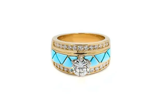 Crown Jewels Coin Southwestern Bridal 144 ctw GIA Certified Blue Turquoise Inlay Ring Rings
