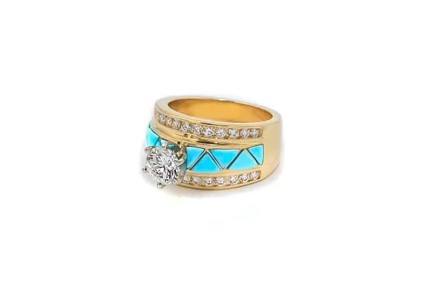 Crown Jewels Coin Southwestern Bridal 144 ctw GIA Certified Blue Turquoise Inlay Ring Rings