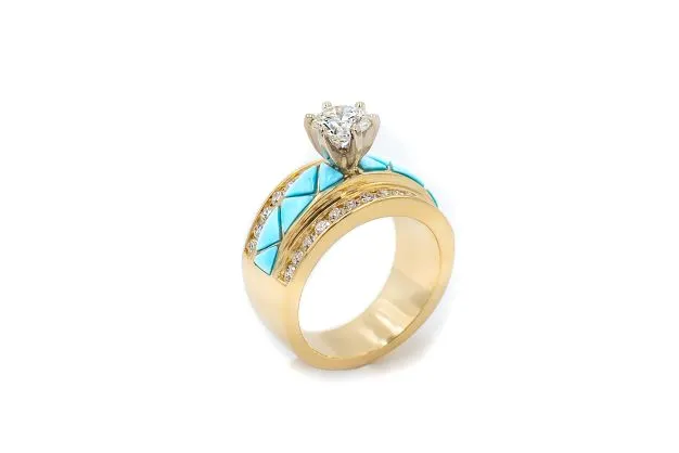 Crown Jewels Coin Southwestern Bridal 144 ctw GIA Certified Blue Turquoise Inlay Ring Rings