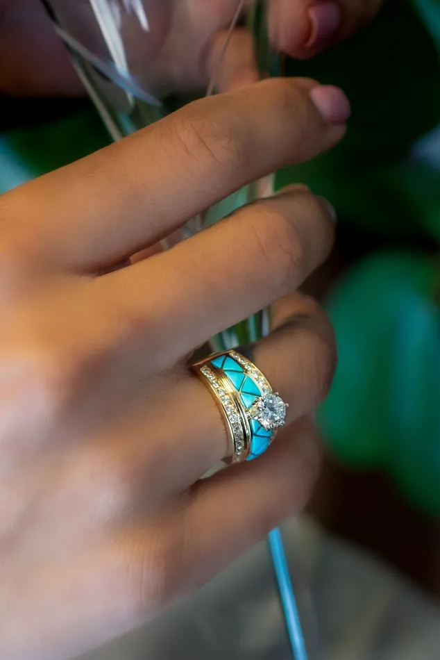 Crown Jewels Coin Southwestern Bridal 144 ctw GIA Certified Blue Turquoise Inlay Ring Rings