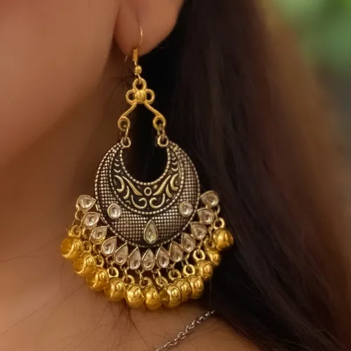 Gold and Silver Dangling Oxidised Jhumkas DESIGN 24 justrealdealcom Rings