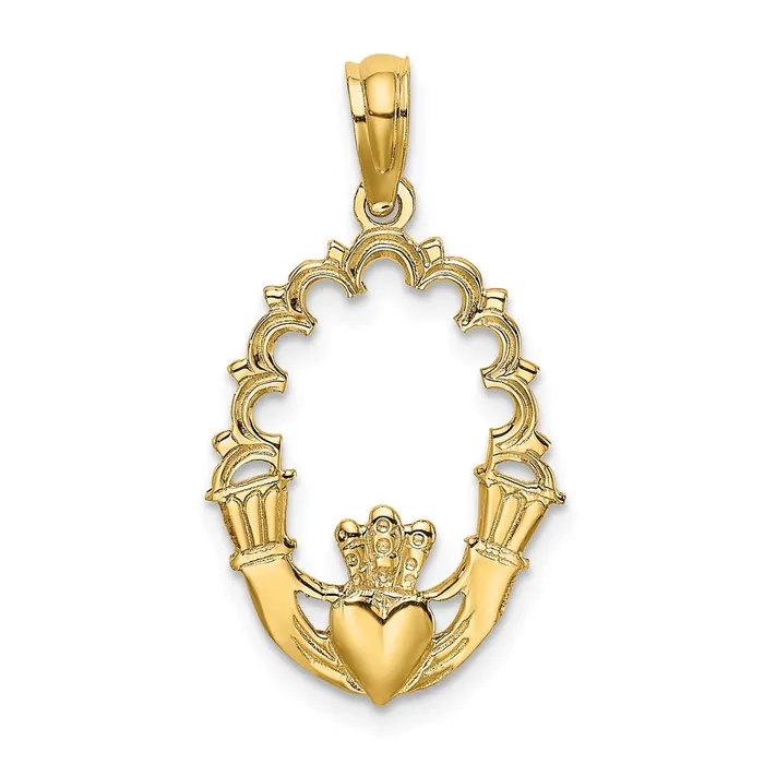 14k Yellow Gold 14 mm Engraved Claddagh In Oval w Lace Trim Charm 072 grams Qgold Charm Necklaces 14k Yellow Gold 14 mm Engraved Claddagh In Oval w Lace Trim Charm 072 grams Qgold Charm Necklaces