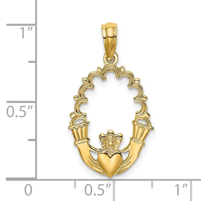 14k Yellow Gold 14 mm Engraved Claddagh In Oval w Lace Trim Charm 072 grams Qgold Charm Necklaces 14k Yellow Gold 14 mm Engraved Claddagh In Oval w Lace Trim Charm 072 grams Qgold Charm Necklaces