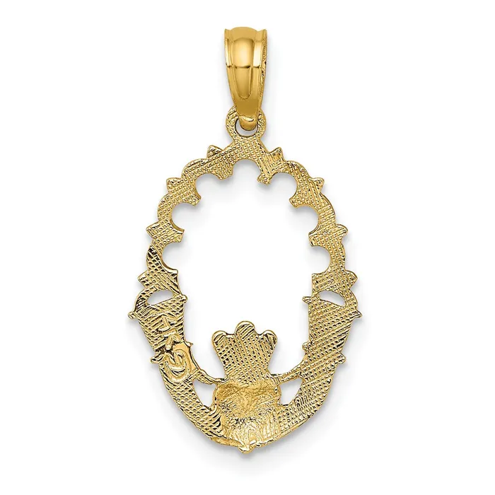 14k Yellow Gold 14 mm Engraved Claddagh In Oval w Lace Trim Charm 072 grams Qgold Charm Necklaces 14k Yellow Gold 14 mm Engraved Claddagh In Oval w Lace Trim Charm 072 grams Qgold Charm Necklaces