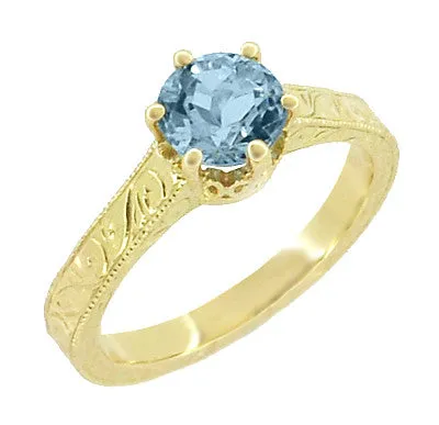 18 Karat Yellow Gold Art Deco Scrolls Filigree Crown 1 Carat Aquamarine Engraved Engagement Ring Antique Jewelry Mall Rings 18 Karat Yellow Gold Art Deco Scrolls Filigree Crown 1 Carat Aquamarine Engraved Engagement Ring Antique Jewelry Mall Rings