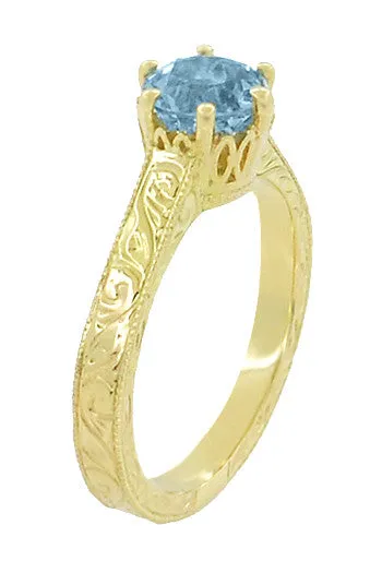 18 Karat Yellow Gold Art Deco Scrolls Filigree Crown 1 Carat Aquamarine Engraved Engagement Ring Antique Jewelry Mall Rings 18 Karat Yellow Gold Art Deco Scrolls Filigree Crown 1 Carat Aquamarine Engraved Engagement Ring Antique Jewelry Mall Rings