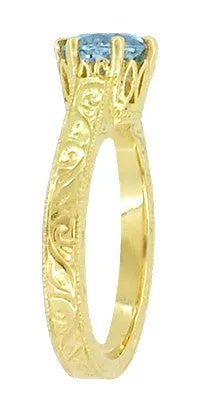 18 Karat Yellow Gold Art Deco Scrolls Filigree Crown 1 Carat Aquamarine Engraved Engagement Ring Antique Jewelry Mall Rings 18 Karat Yellow Gold Art Deco Scrolls Filigree Crown 1 Carat Aquamarine Engraved Engagement Ring Antique Jewelry Mall Rings