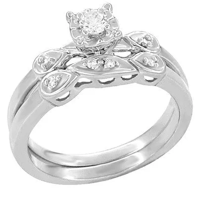 1950s Retro Moderne White Sapphire Bridal Ring Set in 14 Karat White Gold Antique Jewelry Mall Rings 1950s Retro Moderne White Sapphire Bridal Ring Set in 14 Karat White Gold Antique Jewelry Mall Rings