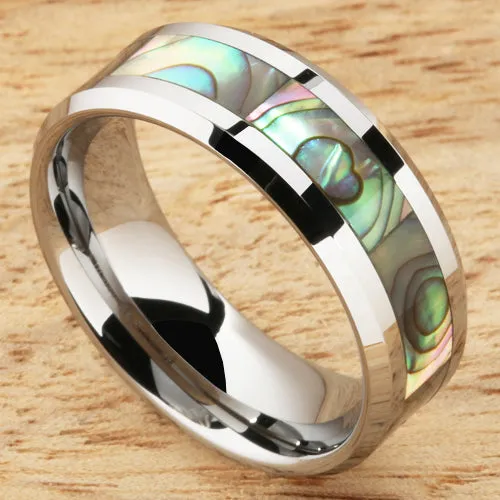 8mm Abalone Shell Inlaid Tungsten Beveled Edge Wedding Ring Nakoa Rings