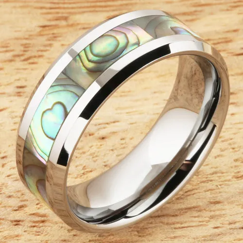 8mm Abalone Shell Inlaid Tungsten Beveled Edge Wedding Ring Nakoa Rings