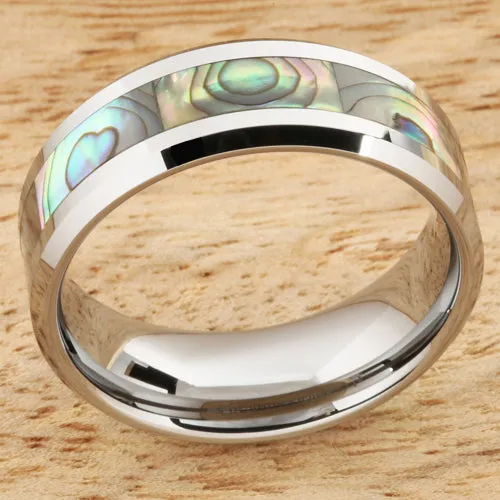 8mm Abalone Shell Inlaid Tungsten Beveled Edge Wedding Ring Nakoa Rings