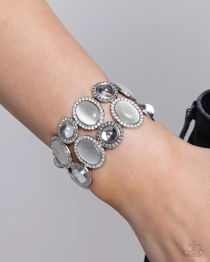 Affixed Appeal White Cats Eye Rhinestone Silver Stretchy Bracelet Paparazzi Paparazzi Accessories Bracelets