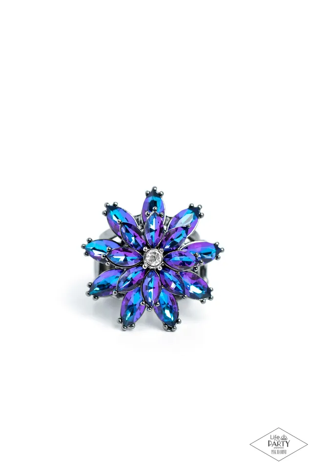 Am I GLEAMing Multi Blue Iridescent Gunmetal Flower Ring Paparazzi Paparazzi Accessories Rings Am I GLEAMing Multi Blue Iridescent Gunmetal Flower Ring Paparazzi Paparazzi Accessories Rings