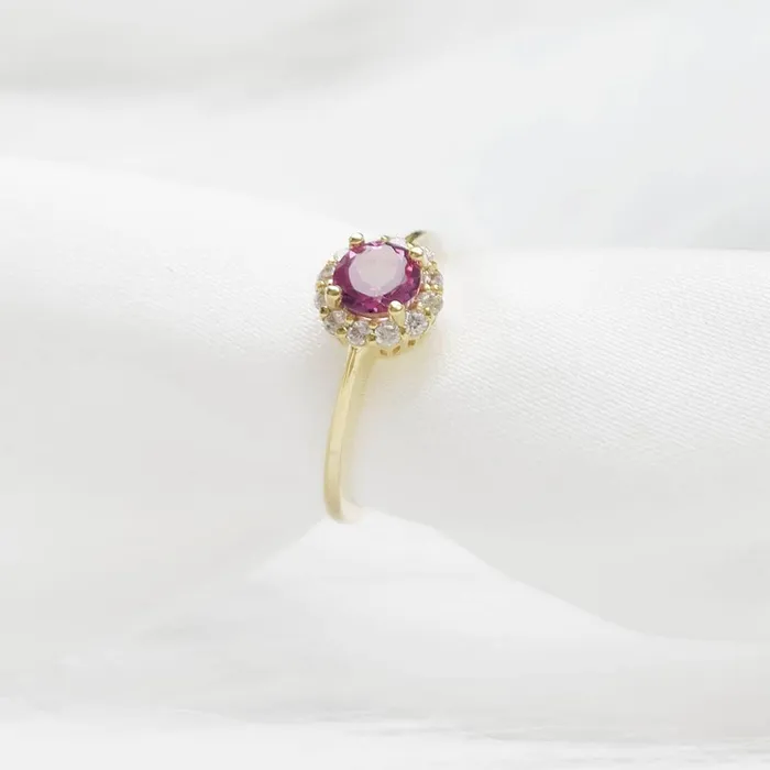 AME Jewellery Rings 5mm Pink Topaz Halo Ring in 14K Yellow Gold