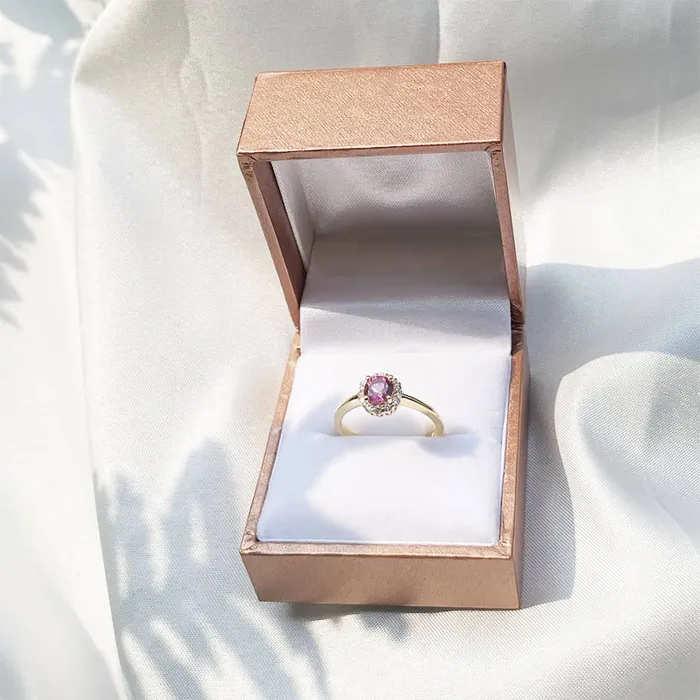 AME Jewellery Rings 5mm Pink Topaz Halo Ring in 14K Yellow Gold