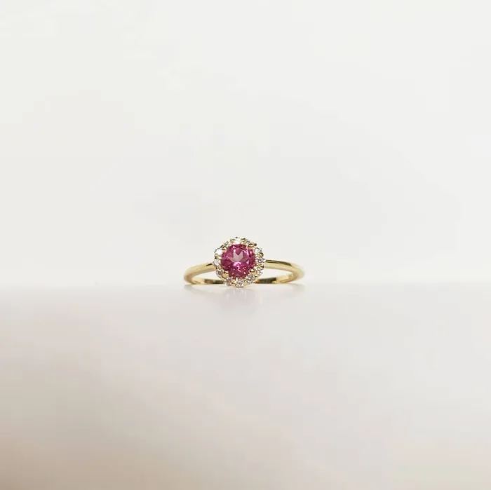 AME Jewellery Rings 5mm Pink Topaz Halo Ring in 14K Yellow Gold