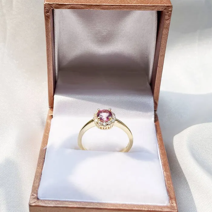 AME Jewellery Rings 5mm Pink Topaz Halo Ring in 14K Yellow Gold