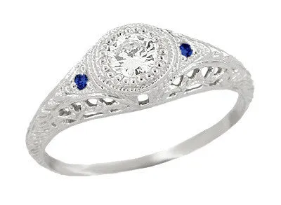Antique Jewelry Mall Platinum Art Deco Vintage Engraved Filigree Diamond Engagement Ring with Side Blue Sapphires Rings Antique Jewelry Mall Platinum Art Deco Vintage Engraved Filigree Diamond Engagement Ring with Side Blue Sapphires Rings