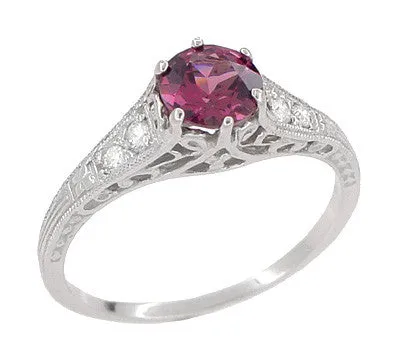 Antique Jewelry Mall Rings 1920s Design Art Deco Raspberry Rhodolite Garnet and Diamond Filigree Engagement Ring in Platinum Antique Jewelry Mall Rings 1920s Design Art Deco Raspberry Rhodolite Garnet and Diamond Filigree Engagement Ring in Platinum
