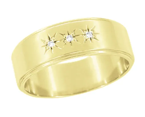 Antique Jewelry Mall Rings 1950s Vintage Style Three Diamond Starburst Wedding Band in 14 or 18 Karat Yellow Gold 6mm Antique Jewelry Mall Rings 1950s Vintage Style Three Diamond Starburst Wedding Band in 14 or 18 Karat Yellow Gold 6mm