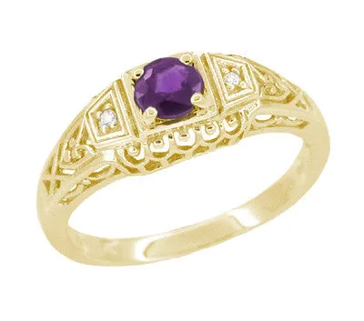 Antique Jewelry Mall Rings Art Deco Amethyst and Diamond Filigree Promise Ring in 14K Yellow Gold