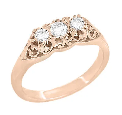 Antique Jewelry Mall Rings Art Deco Filigree 3 Stone Diamond Ring in 14 Karat Rose Pink Gold Antique Jewelry Mall Rings Art Deco Filigree 3 Stone Diamond Ring in 14 Karat Rose Pink Gold