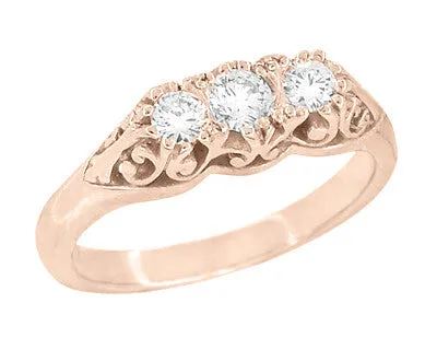 Antique Jewelry Mall Rings Art Deco Filigree 3 Stone Diamond Ring in 14 Karat Rose Pink Gold Antique Jewelry Mall Rings Art Deco Filigree 3 Stone Diamond Ring in 14 Karat Rose Pink Gold