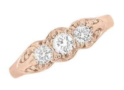 Antique Jewelry Mall Rings Art Deco Filigree 3 Stone Diamond Ring in 14 Karat Rose Pink Gold Antique Jewelry Mall Rings Art Deco Filigree 3 Stone Diamond Ring in 14 Karat Rose Pink Gold