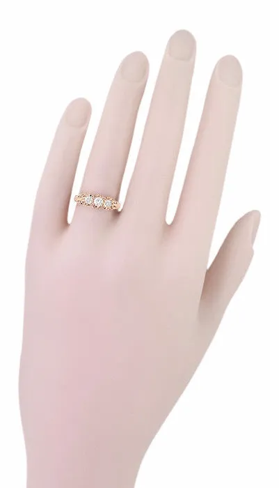 Antique Jewelry Mall Rings Art Deco Filigree 3 Stone Diamond Ring in 14 Karat Rose Pink Gold Antique Jewelry Mall Rings Art Deco Filigree 3 Stone Diamond Ring in 14 Karat Rose Pink Gold
