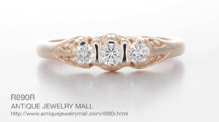 Antique Jewelry Mall Rings Art Deco Filigree 3 Stone Diamond Ring in 14 Karat Rose Pink Gold Antique Jewelry Mall Rings Art Deco Filigree 3 Stone Diamond Ring in 14 Karat Rose Pink Gold