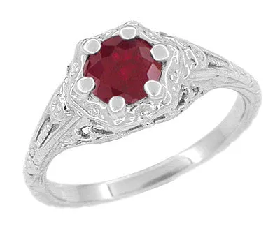 Antique Jewelry Mall Rings Art Deco Filigree Flowers Ruby Engagement Ring in 14 Karat White Gold Antique Jewelry Mall Rings Art Deco Filigree Flowers Ruby Engagement Ring in 14 Karat White Gold