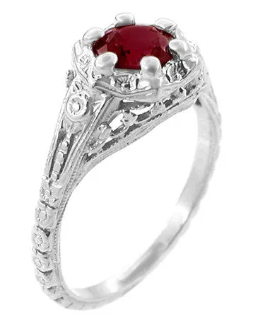 Antique Jewelry Mall Rings Art Deco Filigree Flowers Ruby Engagement Ring in 14 Karat White Gold Antique Jewelry Mall Rings Art Deco Filigree Flowers Ruby Engagement Ring in 14 Karat White Gold
