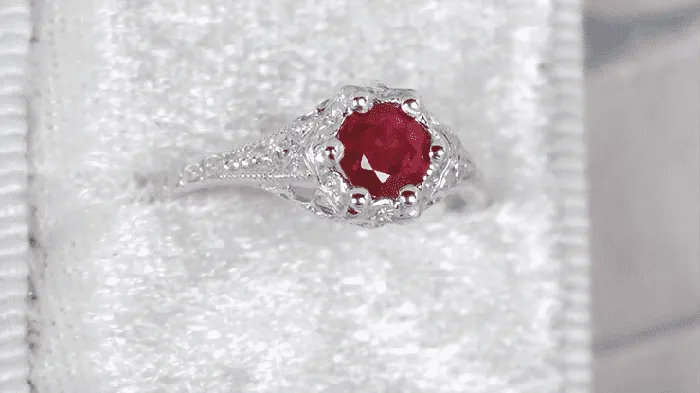 Antique Jewelry Mall Rings Art Deco Filigree Flowers Ruby Engagement Ring in 14 Karat White Gold Antique Jewelry Mall Rings Art Deco Filigree Flowers Ruby Engagement Ring in 14 Karat White Gold
