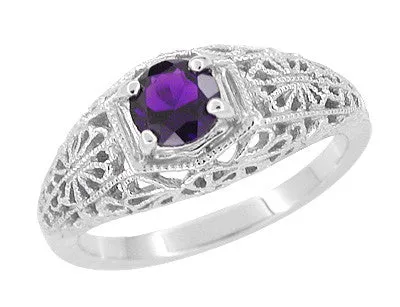Antique Jewelry Mall Rings Edwardian Filigree Flowers Amethyst Dome Promise Ring in Sterling Silver Antique Jewelry Mall Rings Edwardian Filigree Flowers Amethyst Dome Promise Ring in Sterling Silver