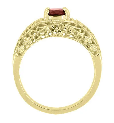 Antique Jewelry Mall Rings Edwardian Filigree Flowers Domed Almandite Garnet Engagement Ring in 14 Karat Yellow Gold