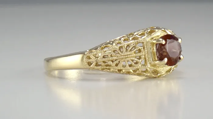 Antique Jewelry Mall Rings Edwardian Filigree Flowers Domed Almandite Garnet Engagement Ring in 14 Karat Yellow Gold