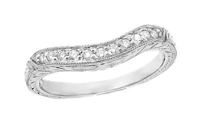 Antique Jewelry Mall Rings White Gold Art Deco Engraved Wheat Curved Diamond Wedding Band 14K or 18K Antique Jewelry Mall Rings White Gold Art Deco Engraved Wheat Curved Diamond Wedding Band 14K or 18K