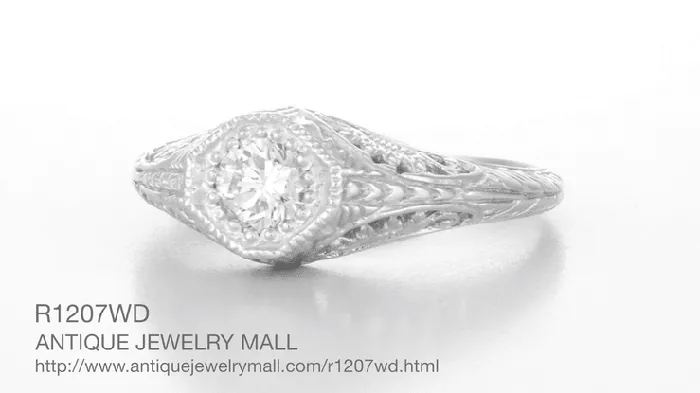 Art Deco 027 Carat Diamond Sunflowers Filigree Engagement Ring in 14 Karat White Gold Antique Jewelry Mall Rings Art Deco 027 Carat Diamond Sunflowers Filigree Engagement Ring in 14 Karat White Gold Antique Jewelry Mall Rings