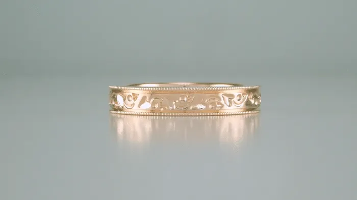 Art Deco Flowers and Leaves Millgrain Edged 4mm Wide Vintage Style 14K Rose Gold Wedding Band Antique Jewelry Mall Rings Art Deco Flowers and Leaves Millgrain Edged 4mm Wide Vintage Style 14K Rose Gold Wedding Band Antique Jewelry Mall Rings