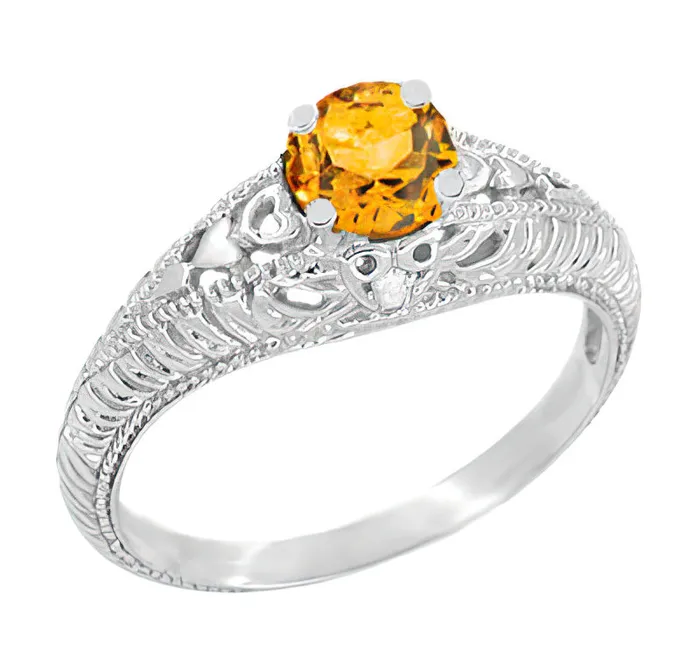Art Deco Hearts Engraved Filigree Citrine Engagement Ring with Side Diamonds in 14 Karat White Gold Antique Jewelry Mall Rings Art Deco Hearts Engraved Filigree Citrine Engagement Ring with Side Diamonds in 14 Karat White Gold Antique Jewelry Mall Rings