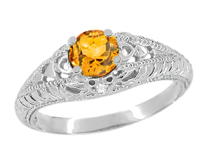 Art Deco Hearts Engraved Filigree Citrine Engagement Ring with Side Diamonds in 14 Karat White Gold Antique Jewelry Mall Rings Art Deco Hearts Engraved Filigree Citrine Engagement Ring with Side Diamonds in 14 Karat White Gold Antique Jewelry Mall Rings