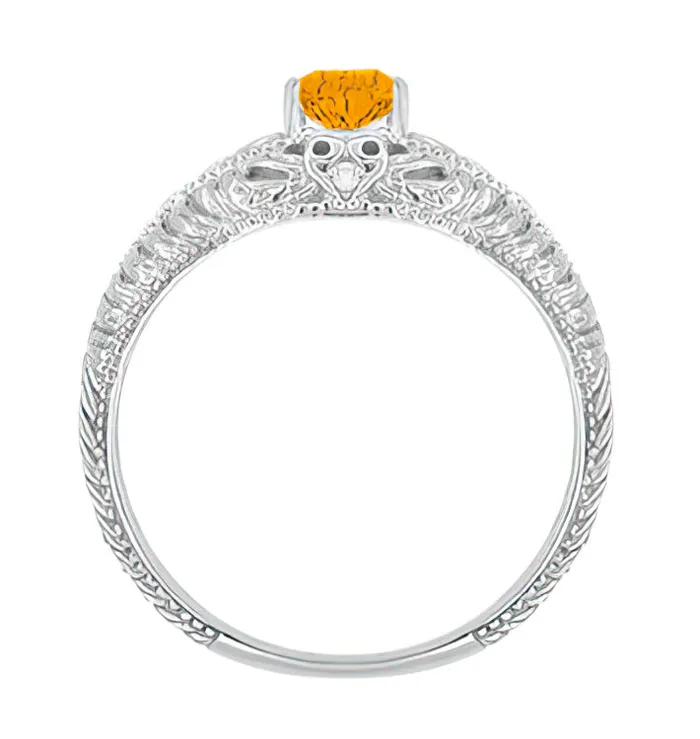 Art Deco Hearts Engraved Filigree Citrine Engagement Ring with Side Diamonds in 14 Karat White Gold Antique Jewelry Mall Rings Art Deco Hearts Engraved Filigree Citrine Engagement Ring with Side Diamonds in 14 Karat White Gold Antique Jewelry Mall Rings