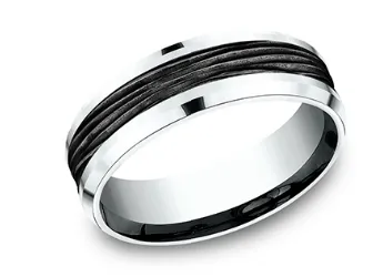 Benchmark 7mm 14k White Gold and Black Titanium Comfort Fit Wedding Band with Horizontal Bark Pattern Benchmark Rings Benchmark 7mm 14k White Gold and Black Titanium Comfort Fit Wedding Band with Horizontal Bark Pattern Benchmark Rings