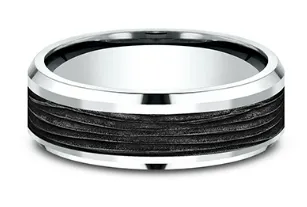 Benchmark 7mm 14k White Gold and Black Titanium Comfort Fit Wedding Band with Horizontal Bark Pattern Benchmark Rings