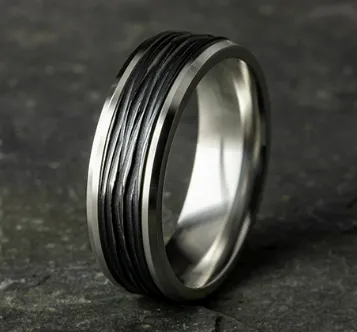 Benchmark 7mm 14k White Gold and Black Titanium Comfort Fit Wedding Band with Horizontal Bark Pattern Benchmark Rings