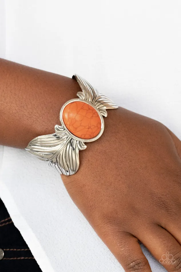 Born to Soar Orange Cracked Stone Silver Feather Cuff Bracelet Paparazzi Paparazzi Accessories Bracelets