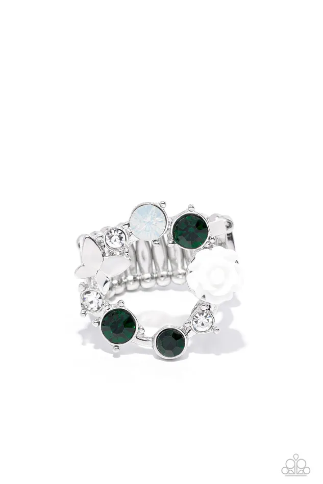 Butterfly Bustle Green Rhinestone White Rose Silver Butterfly Circle Ring Paparazzi 2022 Convention Exclusives Paparazzi Accessories Rings Butterfly Bustle Green Rhinestone White Rose Silver Butterfly Circle Ring Paparazzi 2022 Convention Exclusives Paparazzi Accessories Rings