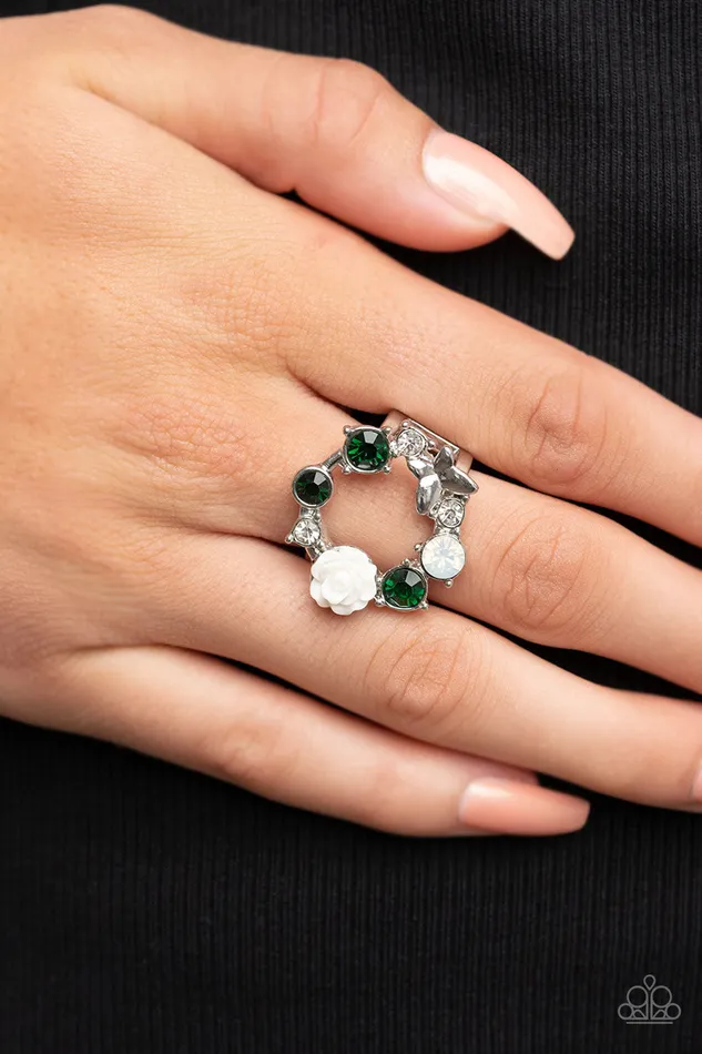 Butterfly Bustle Green Rhinestone White Rose Silver Butterfly Circle Ring Paparazzi 2022 Convention Exclusives Paparazzi Accessories Rings